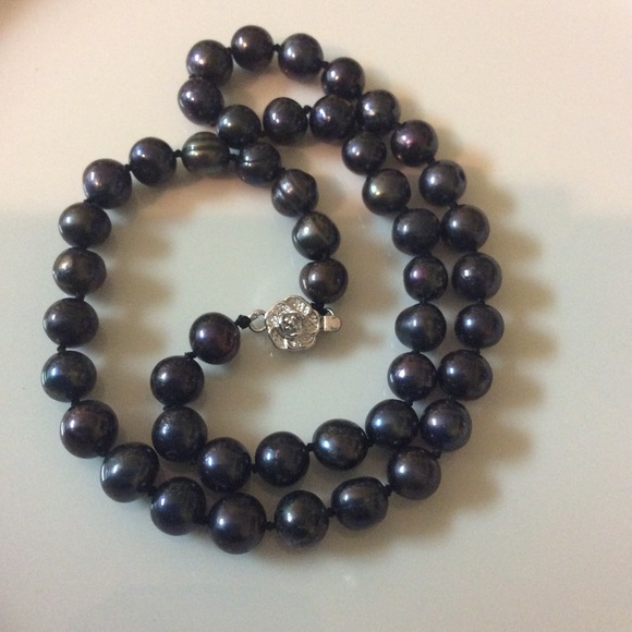 Sterling Silver Black iridescence Pearl Necklace 925 - Picture 9 of 12